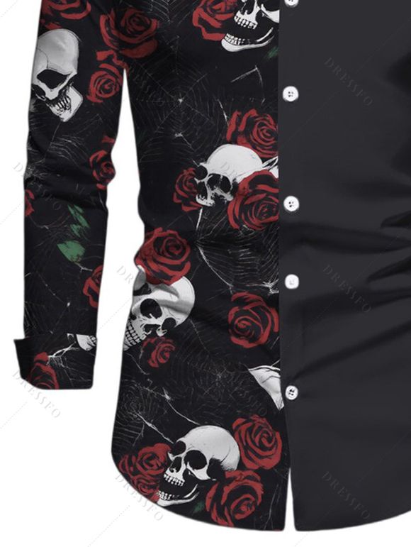 Men's Gothic Shirt Skulls Rose Floral Print Colorblock Button Up Long Sleeve Shirt - Noir M