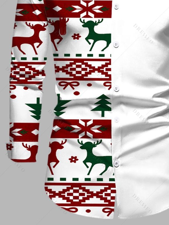 Men's Christmas Shirt Colorblock Elk Geometric Snowflake Christmas Tree Print Long Sleeve Button Up Shirt - Blanc 2XL