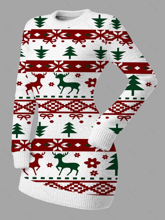 Christmas Sweater Dress Elk Geometric Snowflake Christmas Tree Print Bodycon Long Sleeve Mini Dress - Blanc XL | US 12