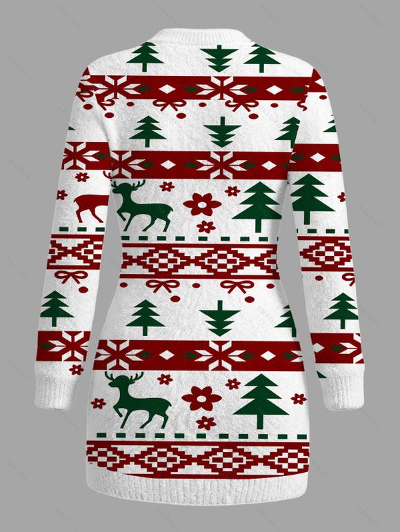 Christmas Sweater Dress Elk Geometric Snowflake Christmas Tree Print Bodycon Long Sleeve Mini Dress - Blanc XL | US 12