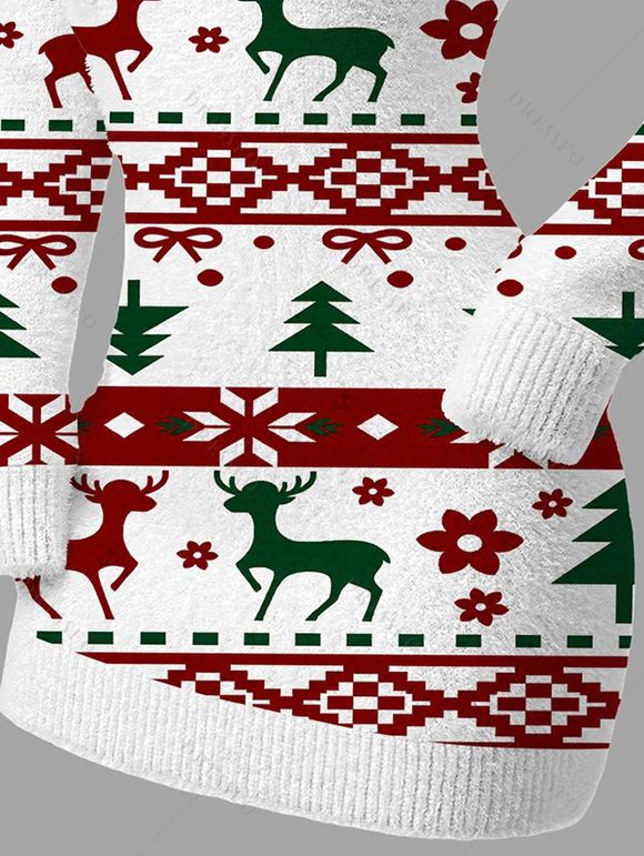 Christmas Sweater Dress Elk Geometric Snowflake Christmas Tree Print Bodycon Long Sleeve Mini Dress - Blanc XL | US 12