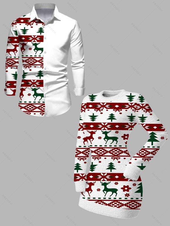 Christmas Couple Outfit Elk Geometric Snowflake Christmas Tree Print Bodycon Mini Sweater Dress and Long Sleeve Shirt Set - Blanc S | US 4