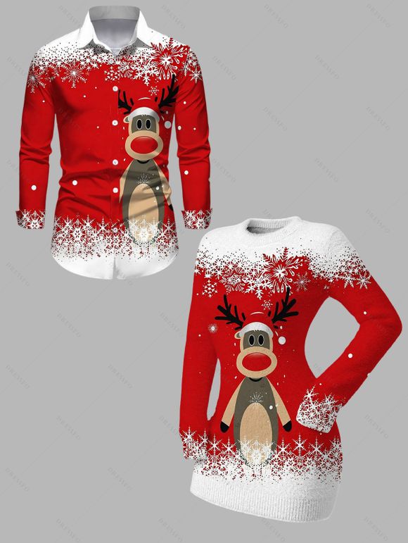 Christmas Couple Outfit Elk Snowflake Ombre Print Bodycon Mini Sweater Dress and Long Sleeve Shirt Set - Rouge S | US 4
