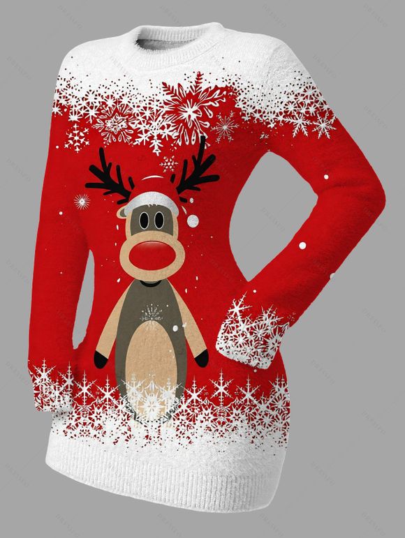 Christmas Couple Outfit Elk Snowflake Ombre Print Bodycon Mini Sweater Dress and Long Sleeve Shirt Set - Rouge S | US 4