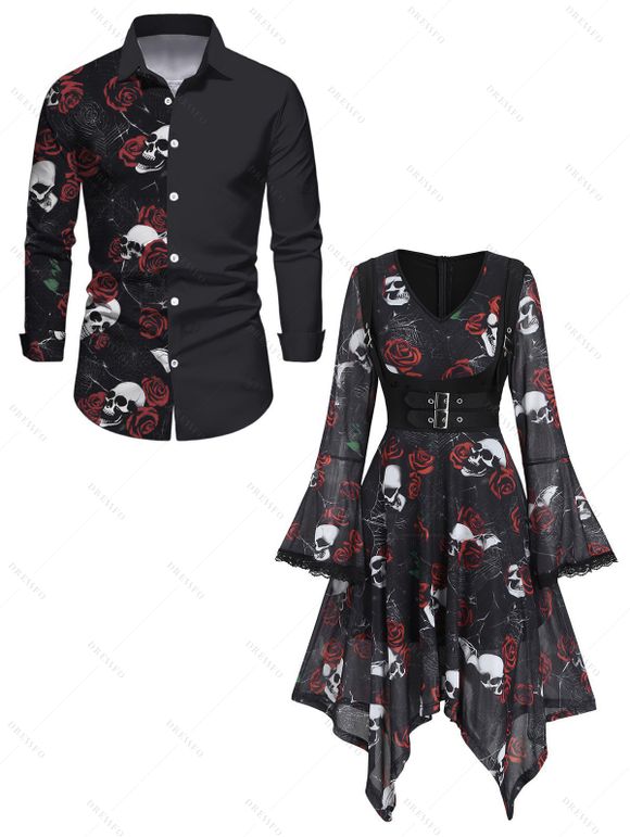 Gothic Couple Outfit Skulls Rose Print Lace Panel Buckle Handkerchief Dress and Shirt Set - Noir S | US 4