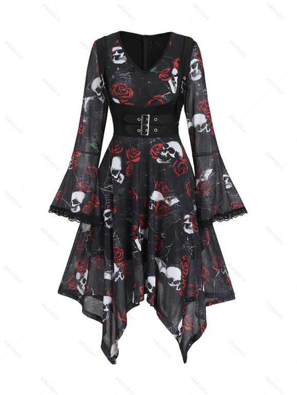 Gothic Couple Outfit Skulls Rose Print Lace Panel Buckle Handkerchief Dress and Shirt Set - Noir S | US 4