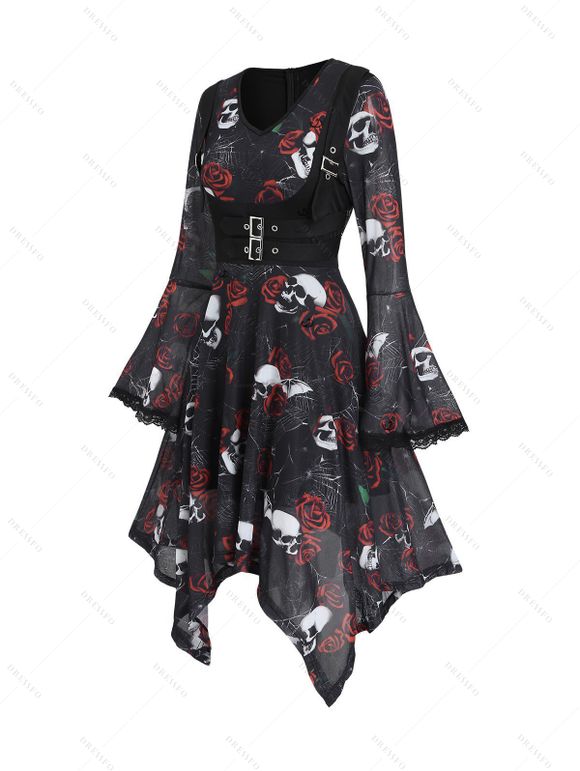 Gothic Couple Outfit Skulls Rose Print Lace Panel Buckle Handkerchief Dress and Shirt Set - Noir S | US 4