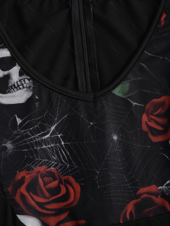 Gothic Couple Outfit Skulls Rose Print Lace Panel Buckle Handkerchief Dress and Shirt Set - Noir S | US 4