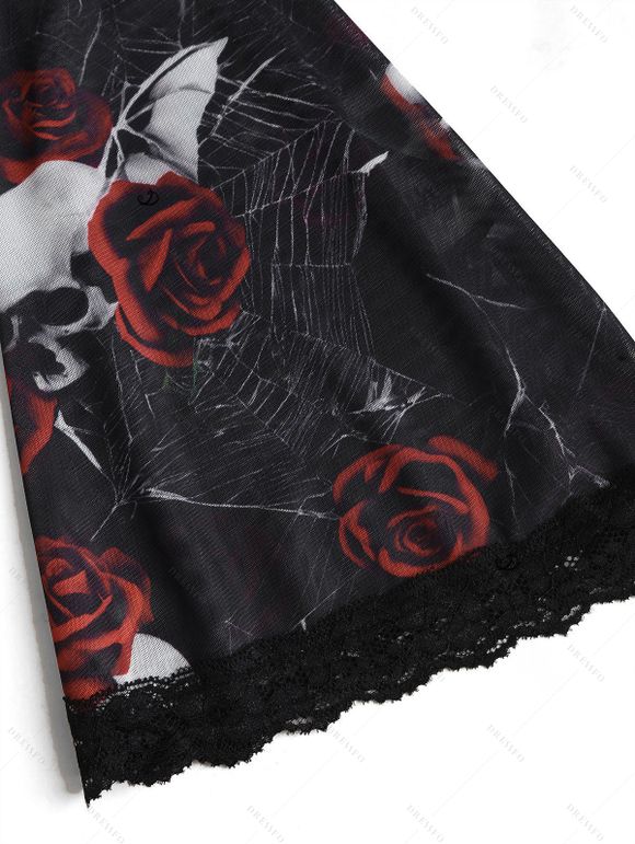 Gothic Couple Outfit Skulls Rose Print Lace Panel Buckle Handkerchief Dress and Shirt Set - Noir S | US 4