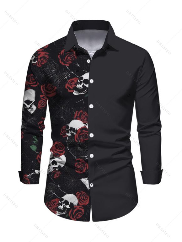 Gothic Couple Outfit Skulls Rose Print Lace Panel Buckle Handkerchief Dress and Shirt Set - Noir S | US 4