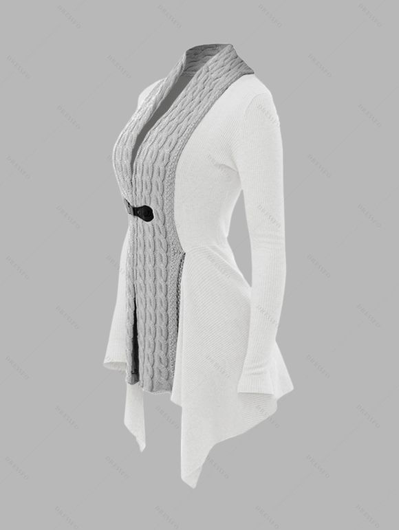 Cable Knit Asymmetrical Cardigan Buckle Colorblock Long Sleeve Cardigan - Gris S | US 4
