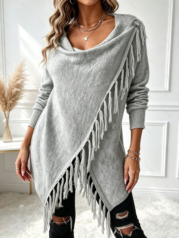 Solid Color Top Slant Neck Fringed Irregular Shawl Style Knit Top - Gris Clair S | US 4