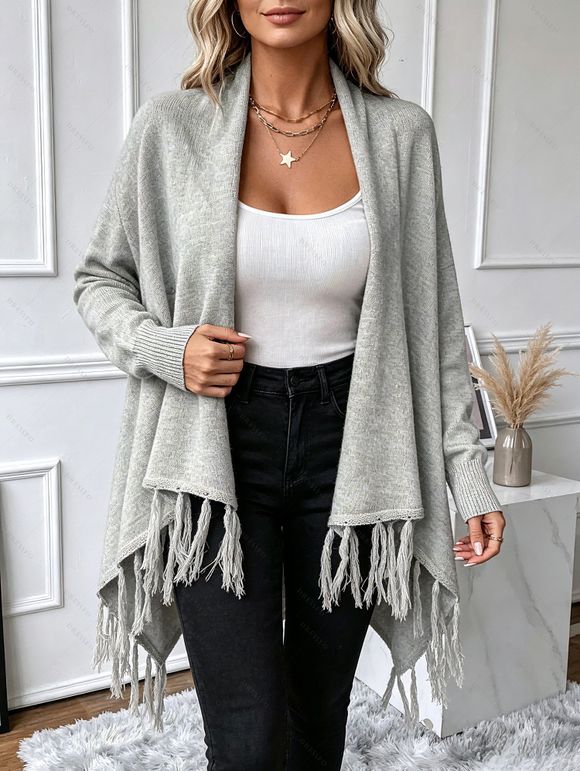 Solid Color Top Slant Neck Fringed Irregular Shawl Style Knit Top - Gris Clair S | US 4