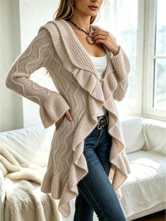 Ruffle Bell Sleeve Sweater Coat Wavy Asymmetrical Hem Solid Color Mid‑Long Knit Cardigan Coat - café XXL | US 14