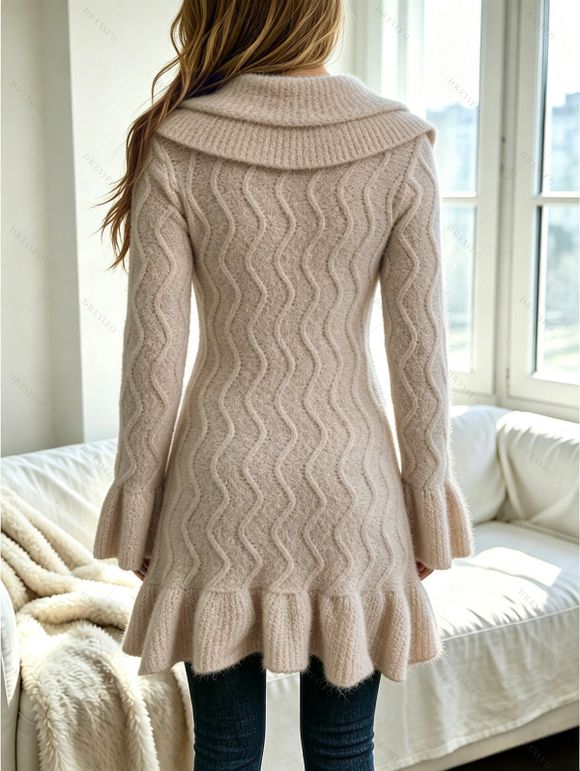 Ruffle Bell Sleeve Sweater Coat Wavy Asymmetrical Hem Solid Color Mid‑Long Knit Cardigan Coat - café XXL | US 14