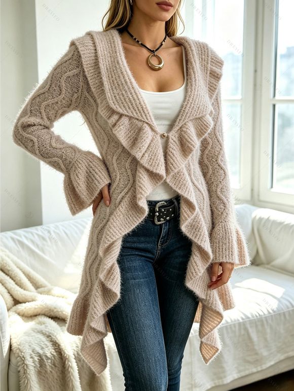 Ruffle Bell Sleeve Sweater Coat Wavy Asymmetrical Hem Solid Color Mid‑Long Knit Cardigan Coat - café XXL | US 14