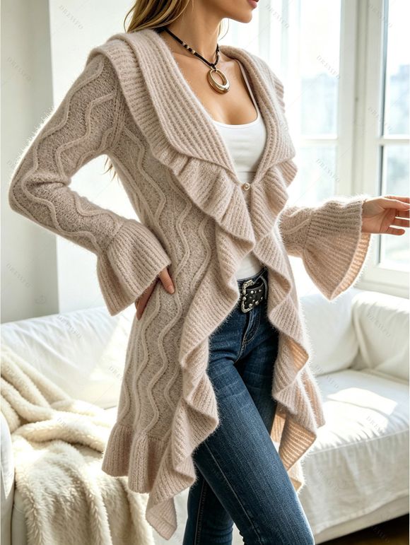 Ruffle Bell Sleeve Sweater Coat Wavy Asymmetrical Hem Solid Color Mid‑Long Knit Cardigan Coat - café XXL | US 14