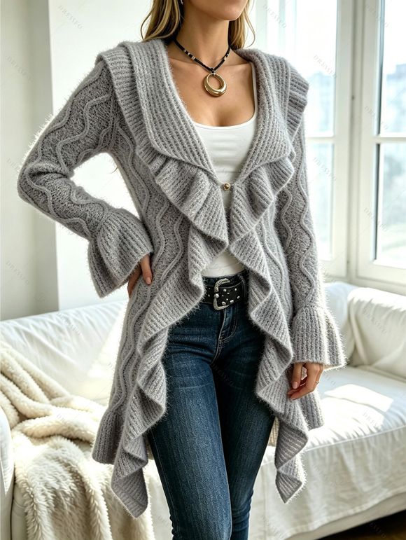 Ruffle Bell Sleeve Sweater Coat Wavy Asymmetrical Hem Solid Color Mid‑Long Knit Cardigan Coat - Gris Clair XXL | US 14
