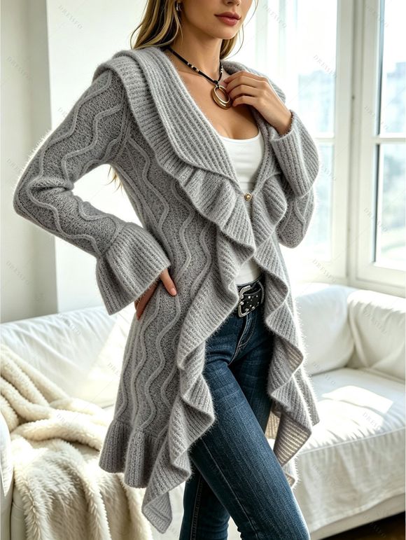 Ruffle Bell Sleeve Sweater Coat Wavy Asymmetrical Hem Solid Color Mid‑Long Knit Cardigan Coat - Gris Clair XXL | US 14