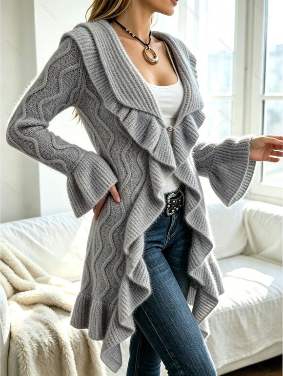 Ruffle Bell Sleeve Sweater Coat Wavy Asymmetrical Hem Solid Color Mid‑Long Knit Cardigan Coat - Gris Clair XXL | US 14