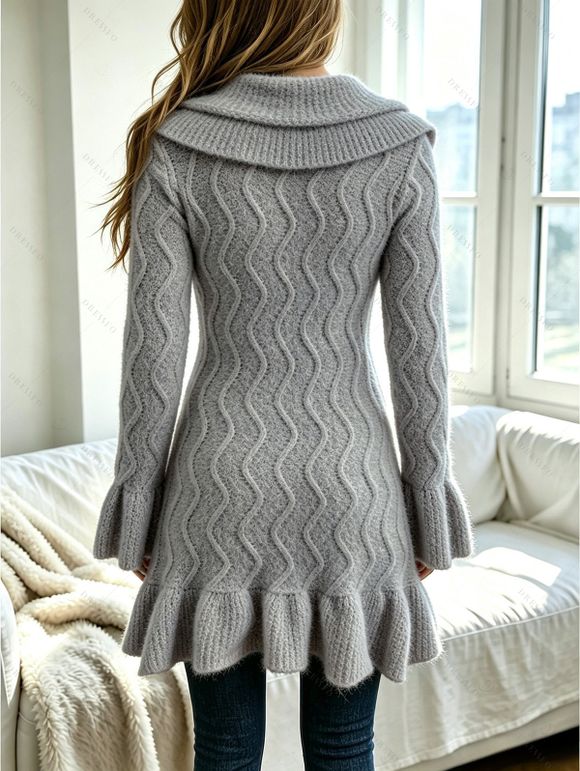 Ruffle Bell Sleeve Sweater Coat Wavy Asymmetrical Hem Solid Color Mid‑Long Knit Cardigan Coat - Gris Clair XXL | US 14