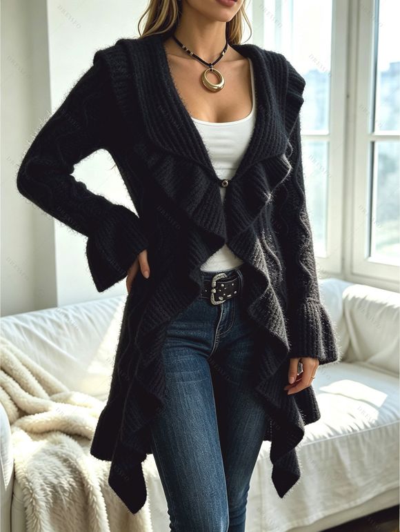 Ruffle Bell Sleeve Sweater Coat Wavy Asymmetrical Hem Solid Color Mid‑Long Knit Cardigan Coat - Noir M | US 6