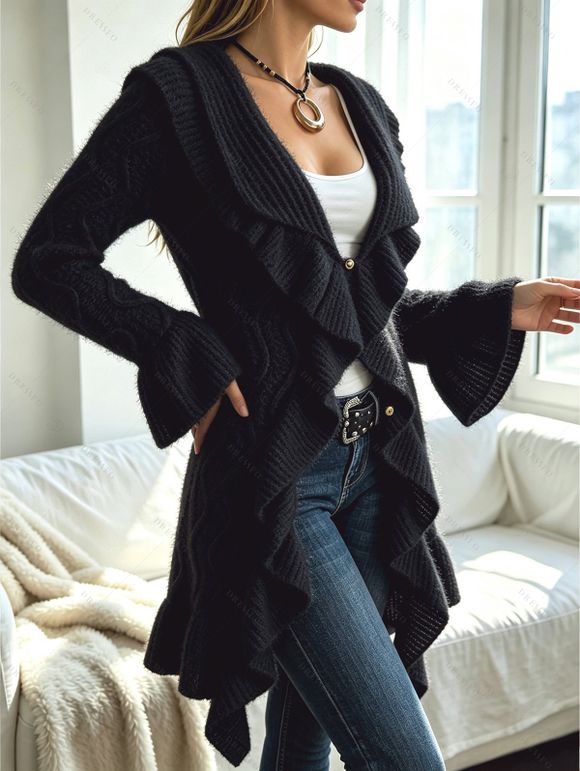 Ruffle Bell Sleeve Sweater Coat Wavy Asymmetrical Hem Solid Color Mid‑Long Knit Cardigan Coat - Noir M | US 6