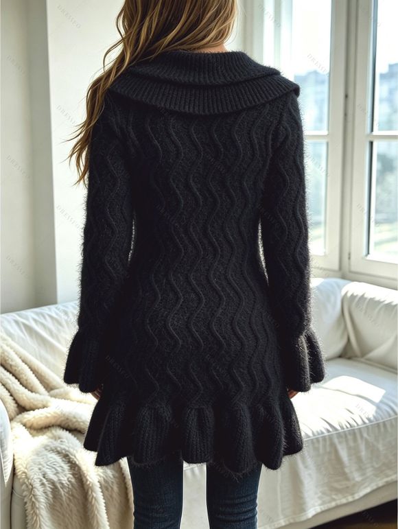 Ruffle Bell Sleeve Sweater Coat Wavy Asymmetrical Hem Solid Color Mid‑Long Knit Cardigan Coat - Noir M | US 6