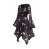 Gothic Couple Outfit Skulls Rose Print Lace Panel Buckle Handkerchief Dress and Shirt Set - Noir S | US 4