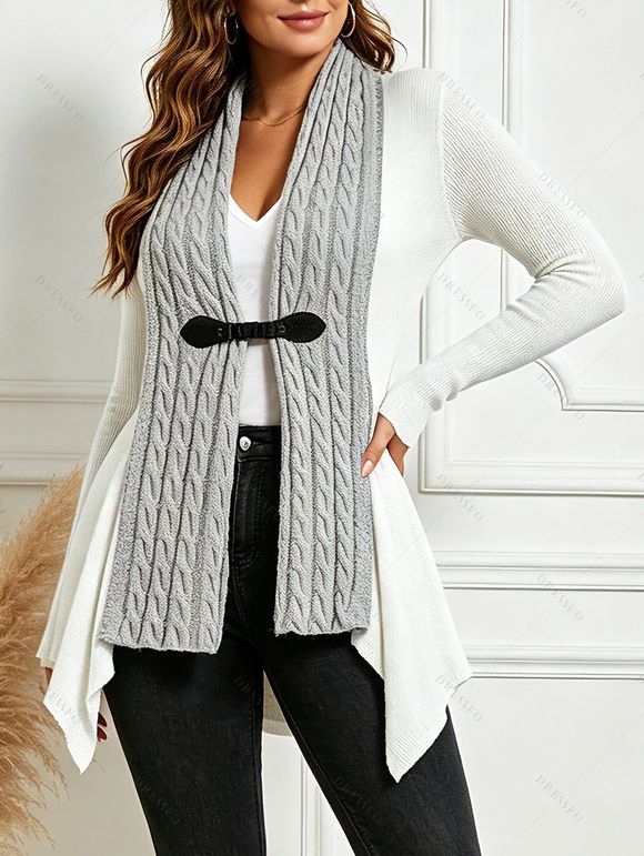 Cable Knit Asymmetrical Cardigan Buckle Colorblock Long Sleeve Cardigan - Gris M