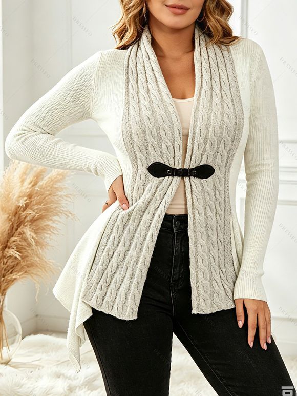 Cable Knit Asymmetrical Cardigan Plain Color Buckle Long Sleeve Cardigan - Abricot S