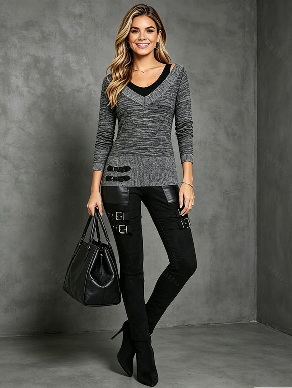 Women Outfit Textured Heather Faux Twinset Top and Zipper Buckle Leggings Set - Gris S | US 4