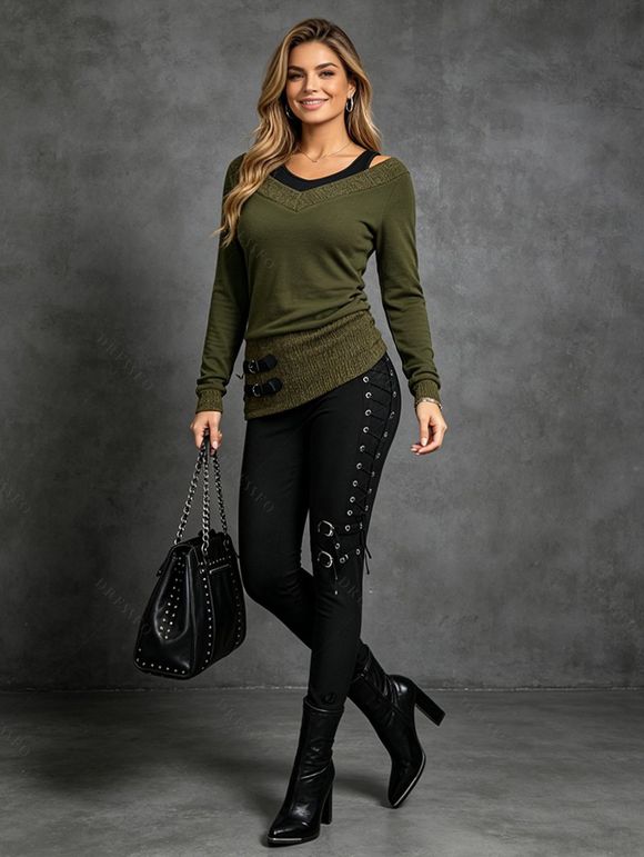 Women Outfit Textured Heather Faux Twinset Top and Grommet Leggings Set - ARMY GREEN S | US 4