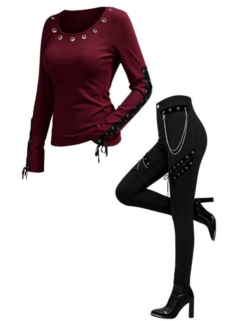 Casual Women Outfit Solid Color Grommet Lace Up Round Neck Top and Chain Embellishment Skinny Pants Set