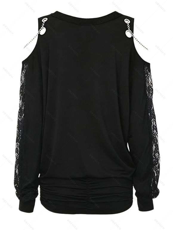 Gothic Top Grommet Chain Embellishment Lace Panel Sleeve Cold Shoulder Punk Style Top - Noir S | US 4