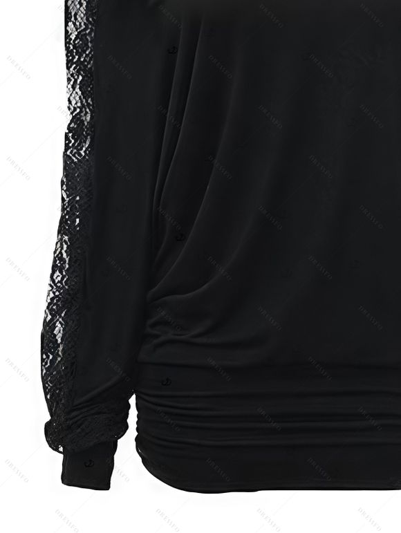 Gothic Top Grommet Chain Embellishment Lace Panel Sleeve Cold Shoulder Punk Style Top - Noir S | US 4