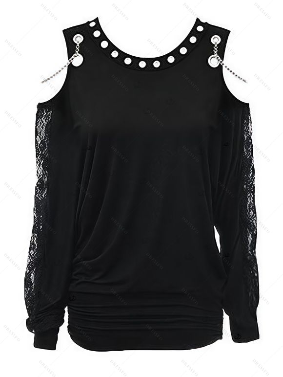 Gothic Women Outfit Grommet Chain Embellishment Lace Panel Sleeve Cold Shoulder Top and Pants Punk Style Set - Noir S | US 4
