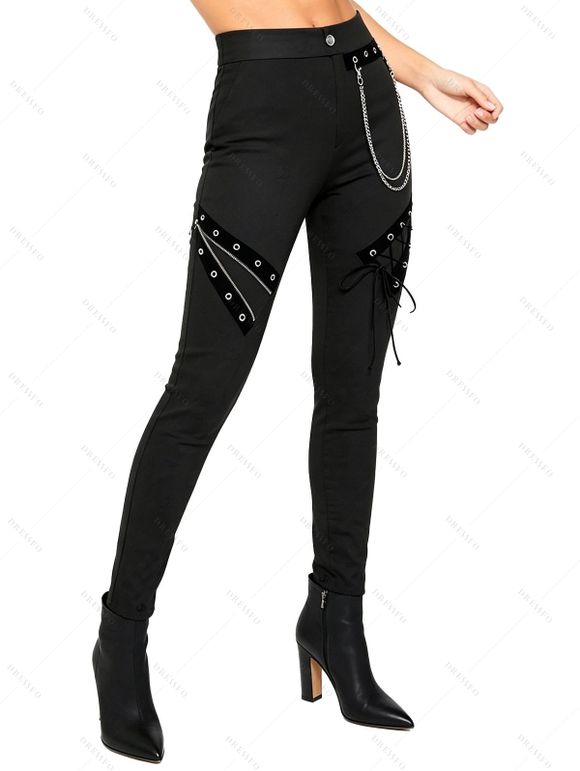 Gothic Pants Grommet Chain Embellishment High Waist Solid Color Punk Style Skinny Pants - Noir XXL | US 14