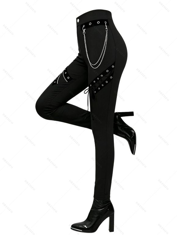Gothic Women Outfit Grommet Chain Embellishment Lace Panel Sleeve Cold Shoulder Top and Pants Punk Style Set - Noir S | US 4