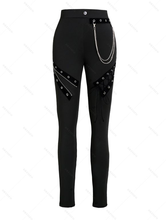 Gothic Pants Grommet Chain Embellishment High Waist Solid Color Punk Style Skinny Pants - Noir XXL | US 14