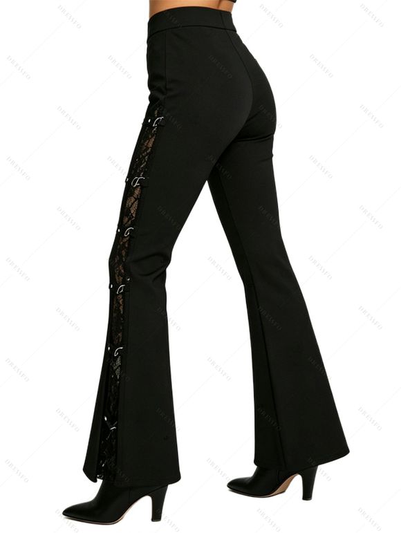 Gothic Flare Pants See Thru Lace Panel Buckle High Waist Solid Color Long Pants - Noir XXL | US 14