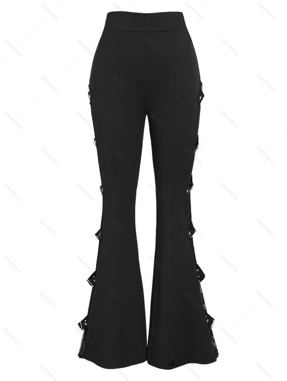 Gothic Flare Pants See Thru Lace Panel Buckle High Waist Solid Color Long Pants - Noir XXL | US 14