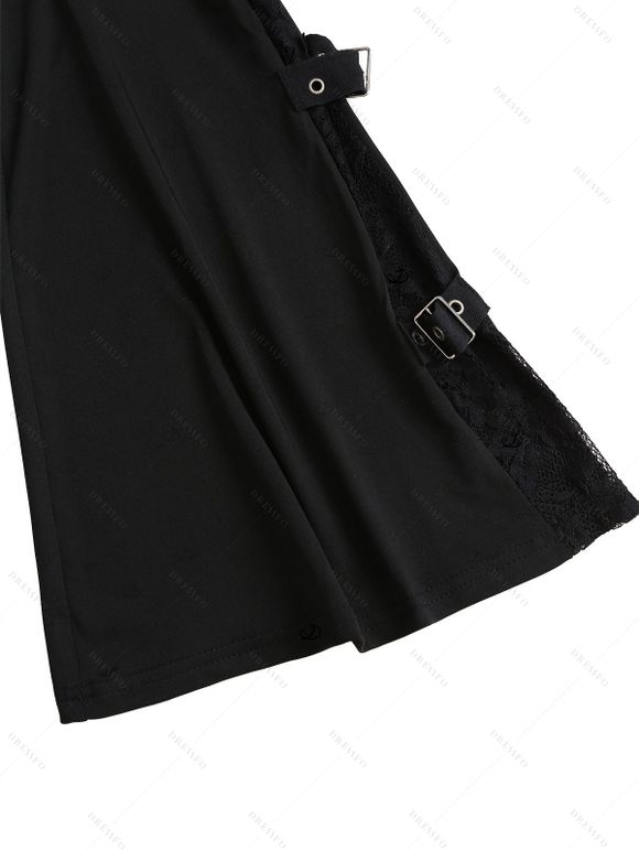 Gothic Flare Pants See Thru Lace Panel Buckle High Waist Solid Color Long Pants - Noir XXL | US 14