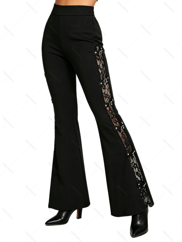 Gothic Women Outfit Grommet Chain Embellishment Lace Panel Sleeve Cold Shoulder Top and Flare Pants Set - Noir S | US 4