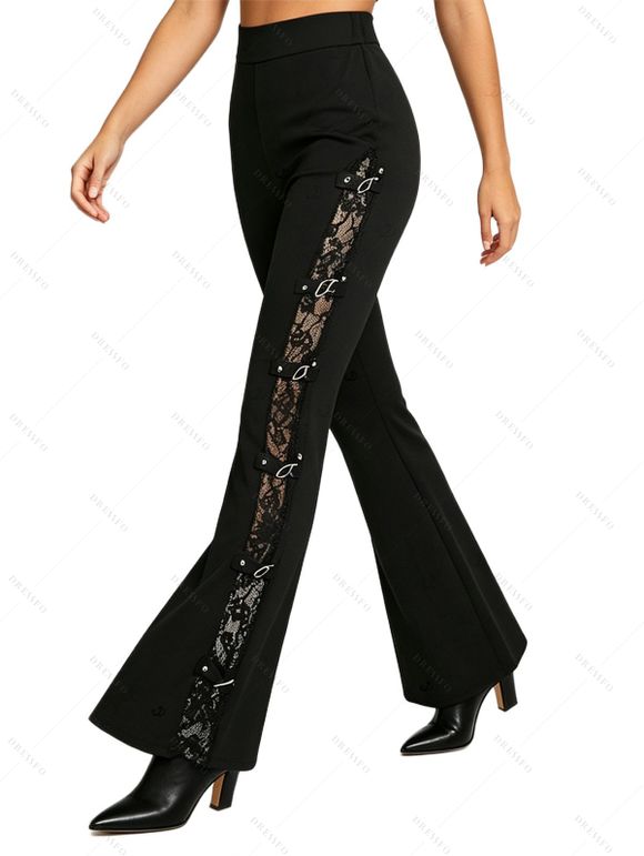 Gothic Women Outfit Grommet Chain Embellishment Lace Panel Sleeve Cold Shoulder Top and Flare Pants Set - Noir S | US 4
