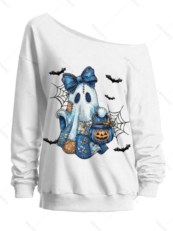 Halloween Women Outfit Ghost Pumpkin Bat Spider Web Print Skew Neck Sweatshirt and Grommet Chain Skinny Pants Set - Noir S | US 4