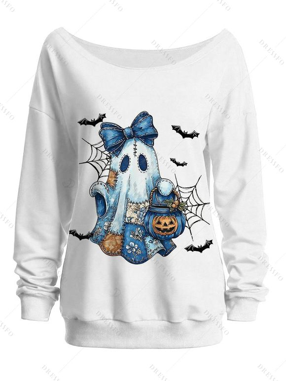Halloween Women Outfit Ghost Pumpkin Bat Spider Web Print Skew Neck Sweatshirt and Grommet Chain Skinny Pants Set - Noir S | US 4