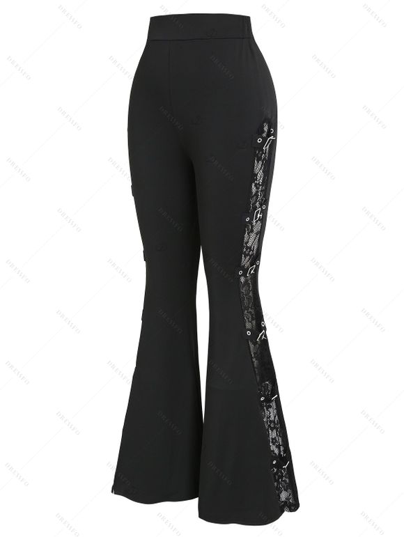 Gothic Women Outfit Grommet Chain Embellishment Lace Panel Sleeve Cold Shoulder Top and Flare Pants Set - Noir S | US 4