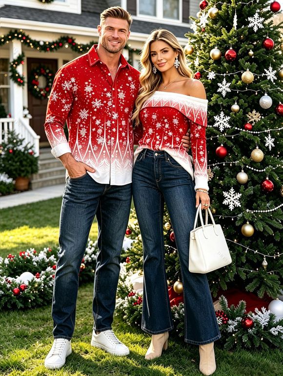 Christmas Couple Outfit Ombre Snowflake Print Foldover Off the Shoulder Top and Long Sleeve Shirt Set - Rouge S | US 4