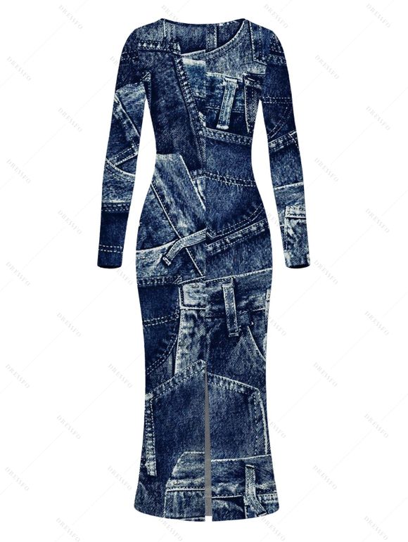 Vintage Dress Faux Denim Print Round Neck Bodycon Maxi Long Sleeve Dress - Bleu profond XL | US 12